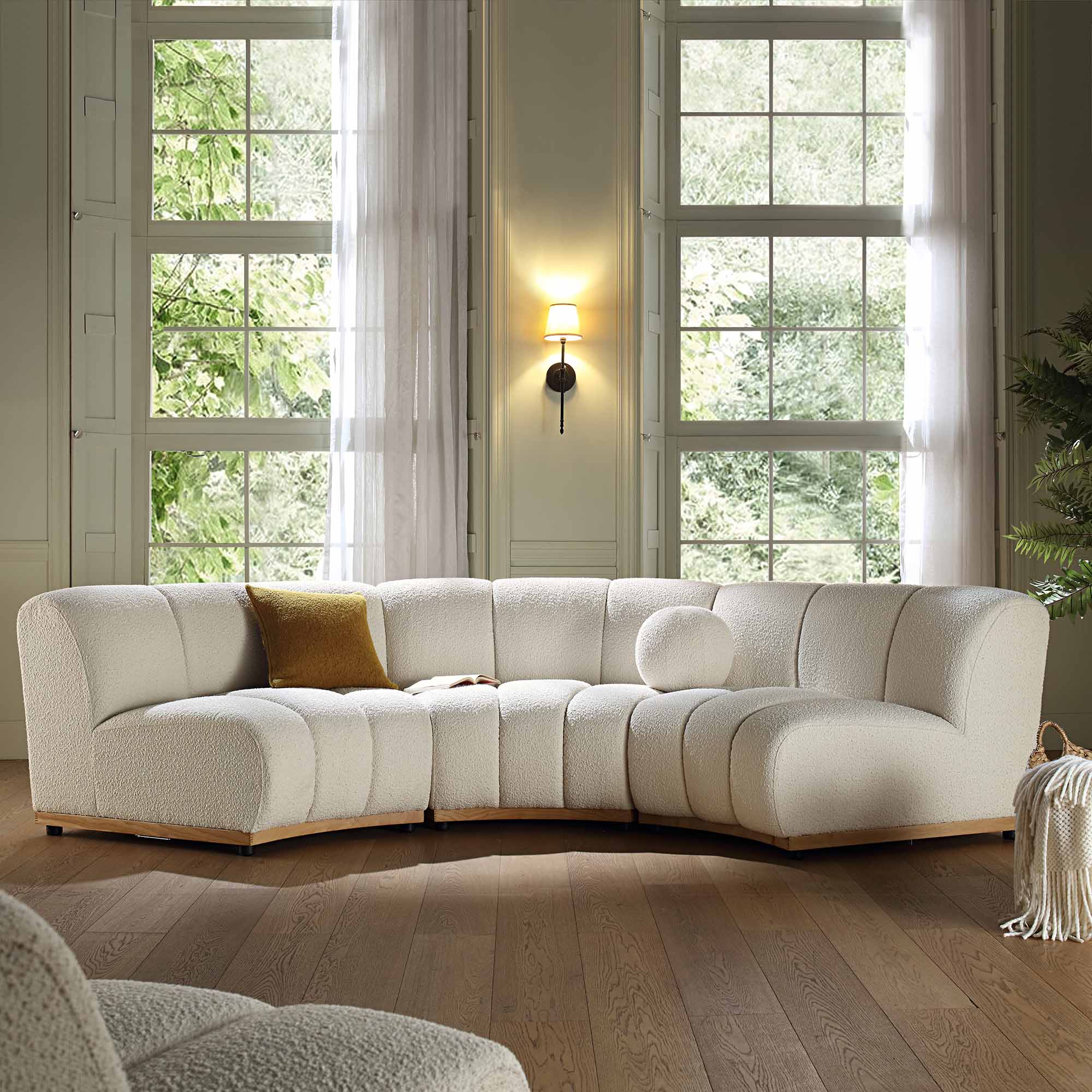 Granvia Ecru Boucle Sectional Sofa, 3-Seater Curved Sofa