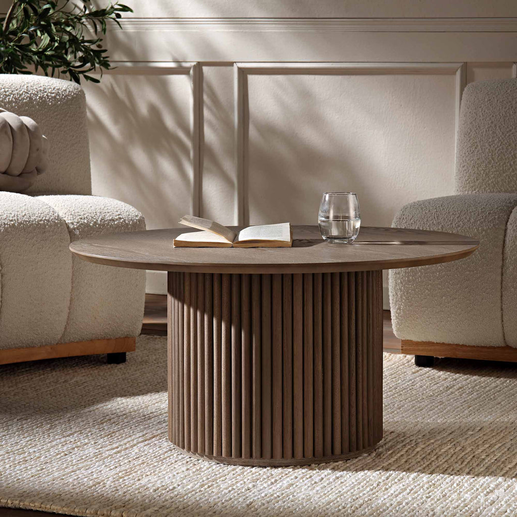 Maru Round Oak Pedestal Coffee Table, Silver Oak | daals.com