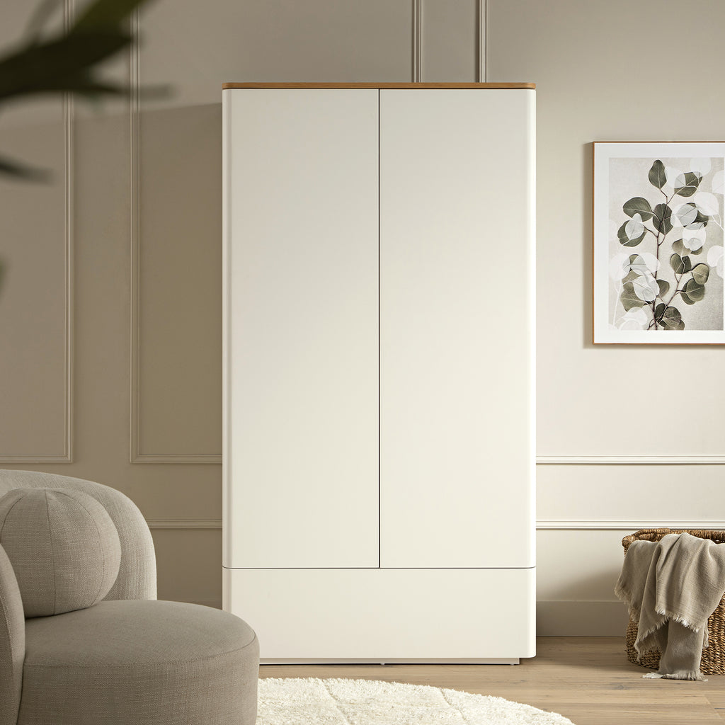 Agnes Curved Edge Double Closet, Off White with Oak Top | daals.com