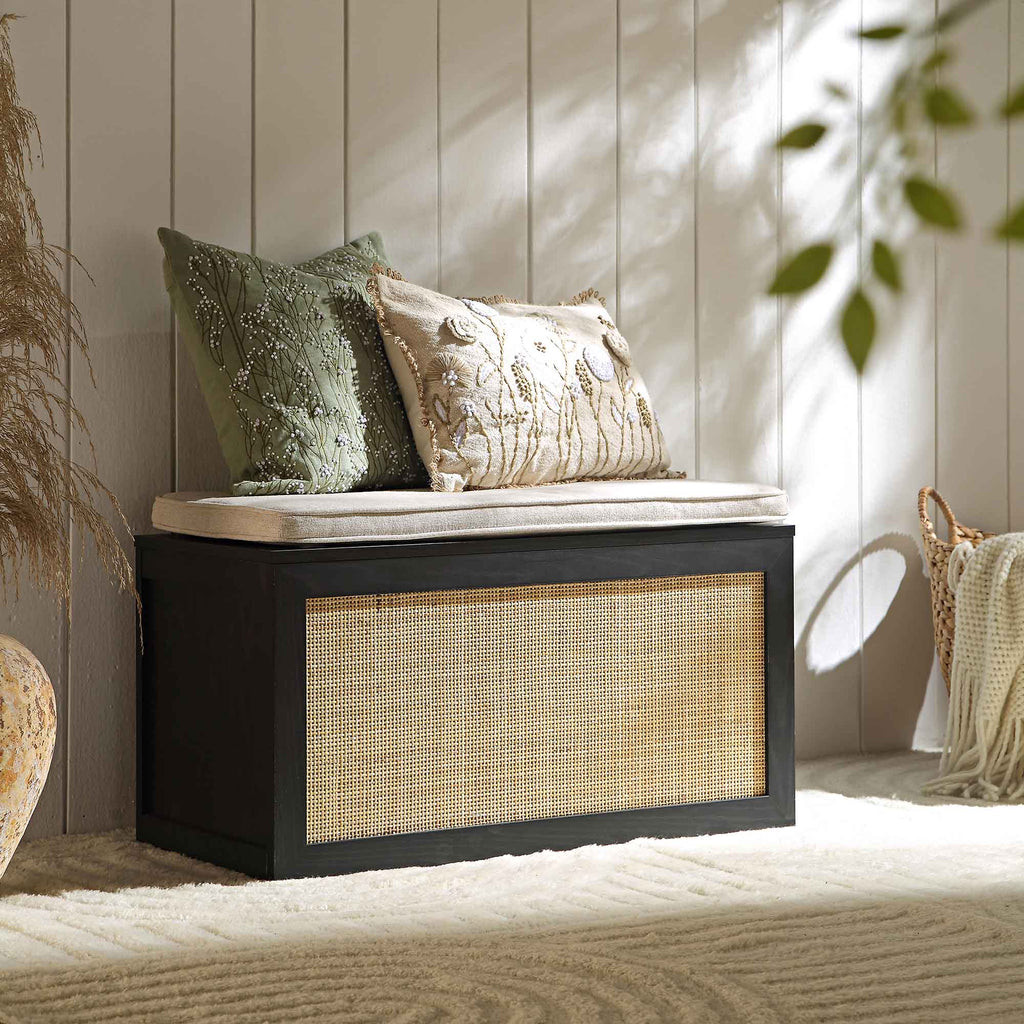 Frances Woven Rattan Double Storage Stool with Cushion, Black | daals.com