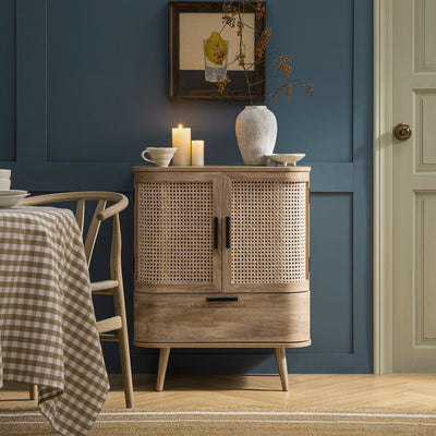 Izzy Curved Rattan 1-Drawer Small Sideboard, Natural