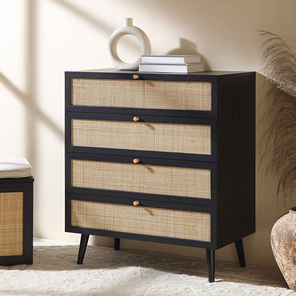 Frances Woven Rattan Tall 4 Drawer Dresser, Black
