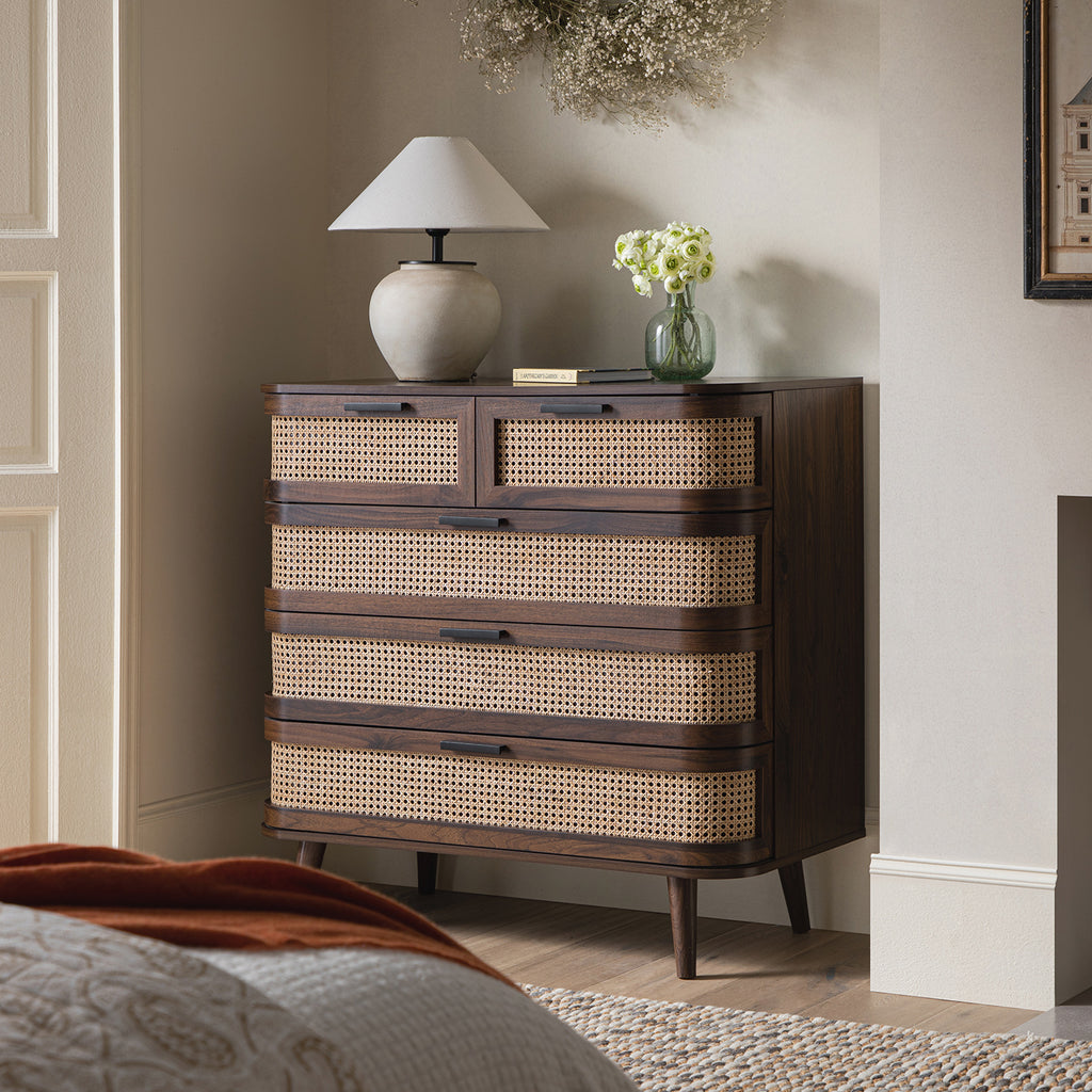 Izzy Curved Rattan 5 Drawer Dresser, Walnut | daals.com