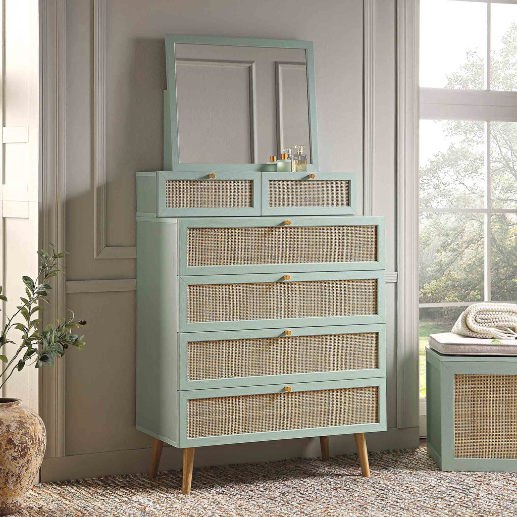 Frances Woven Rattan Tall Vanity Dresser with Mirror, Mint | daals.com