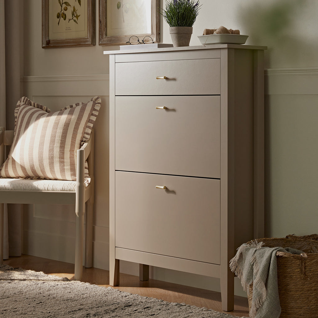 Oakham 2-Tier Shoe Cabinet with Top Drawer, Deep Greige | daals.com