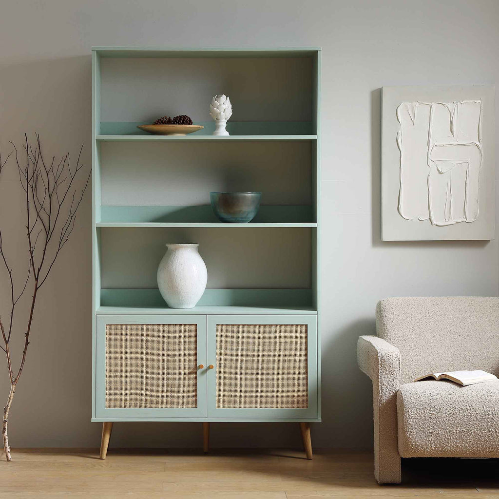 Frances Woven Rattan Bookcase with Doors, Mint | daals.com