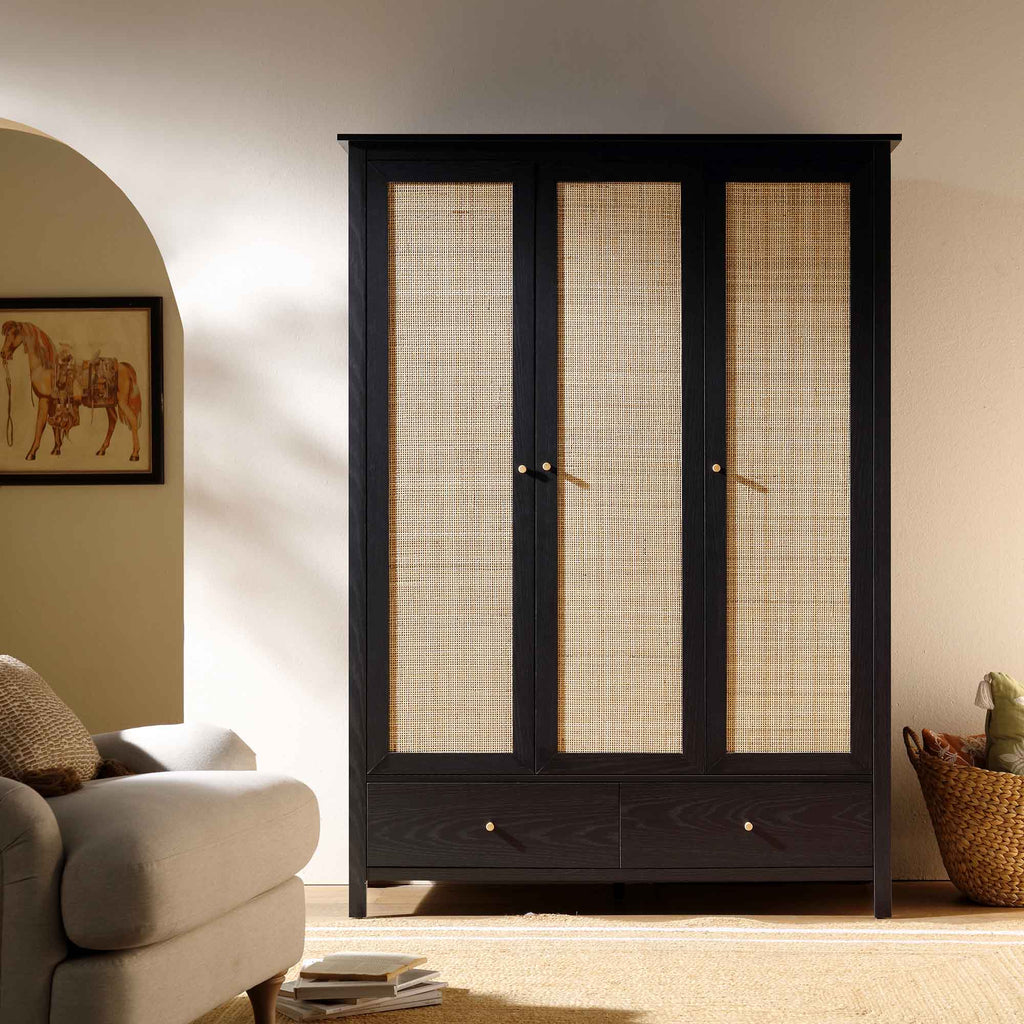 Frances Rattan Triple Closet with 2 Drawers, Black | daals.com