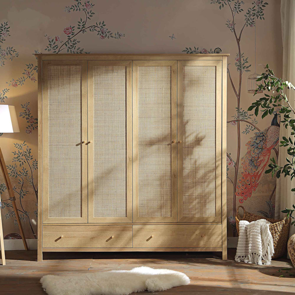 Frances Rattan 4-Door Wardrobe with 2 Drawers, Natural | daals.com