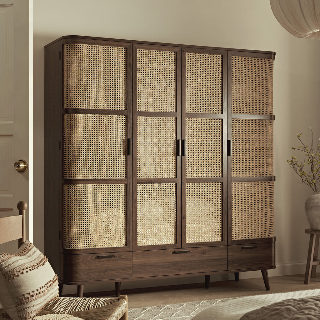 Izzy Curved Rattan 4-Door Closet, Walnut | daals.com