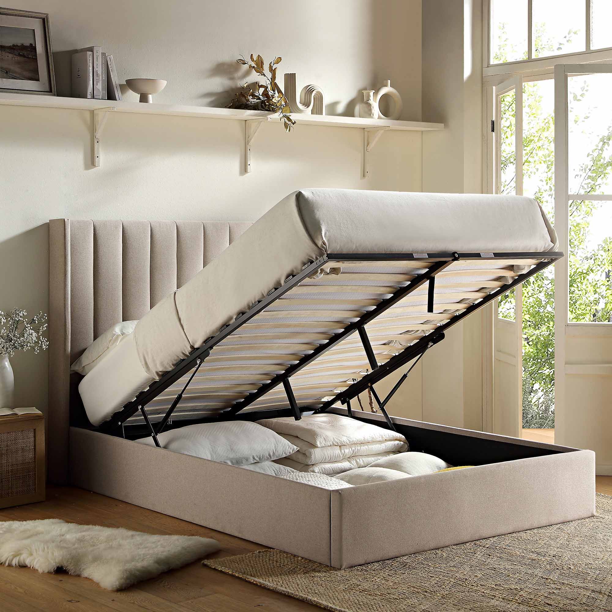 Wilton Warm Stone Fabric Ottoman Storage Bed