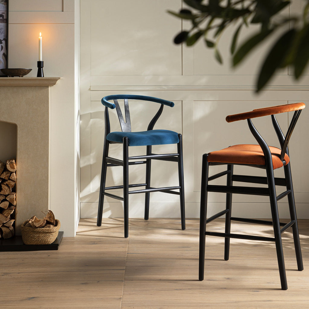 Hansel Upholstered Wishbone Counter Stool, Blue Velvet and Black