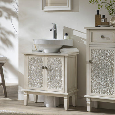 Chantilly Whitewashed Carved Bathroom Vanity Unit