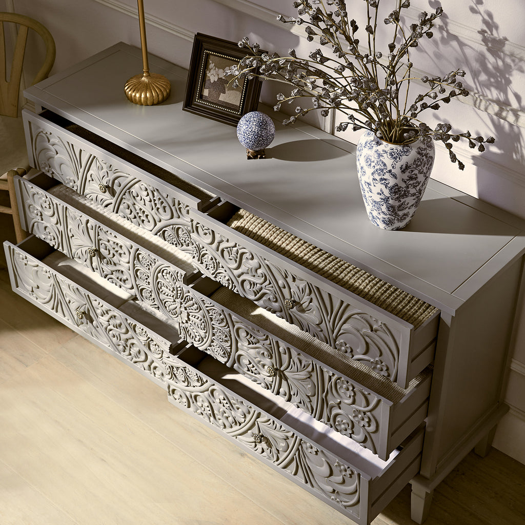 white dresser grey drawers Grace Eight Drawer in Snowfall (2024) Give provincial a new meaning with the chic look of this dresser Furniture of America Junile 6-Drawer