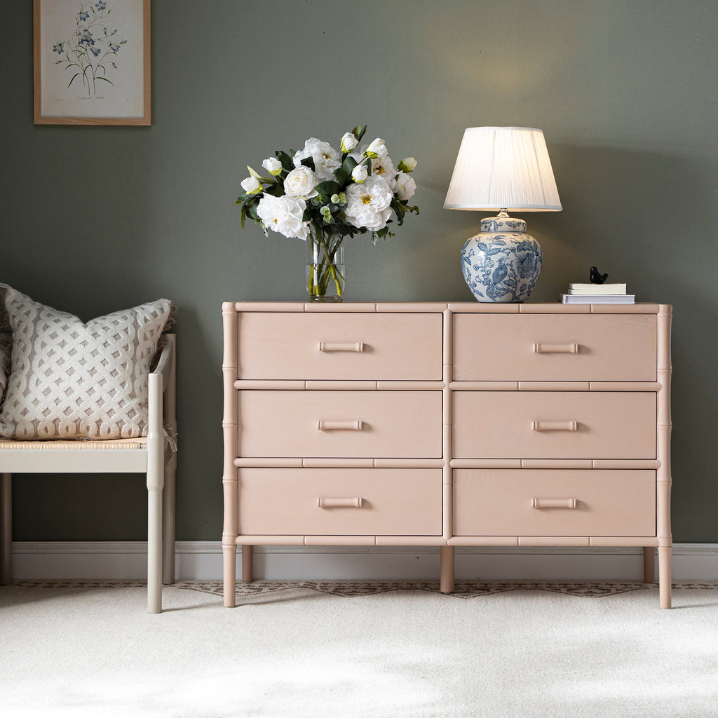green emerald velvet dress Elstowe Faux Bamboo 6-Drawer Dresser, Nude Pink