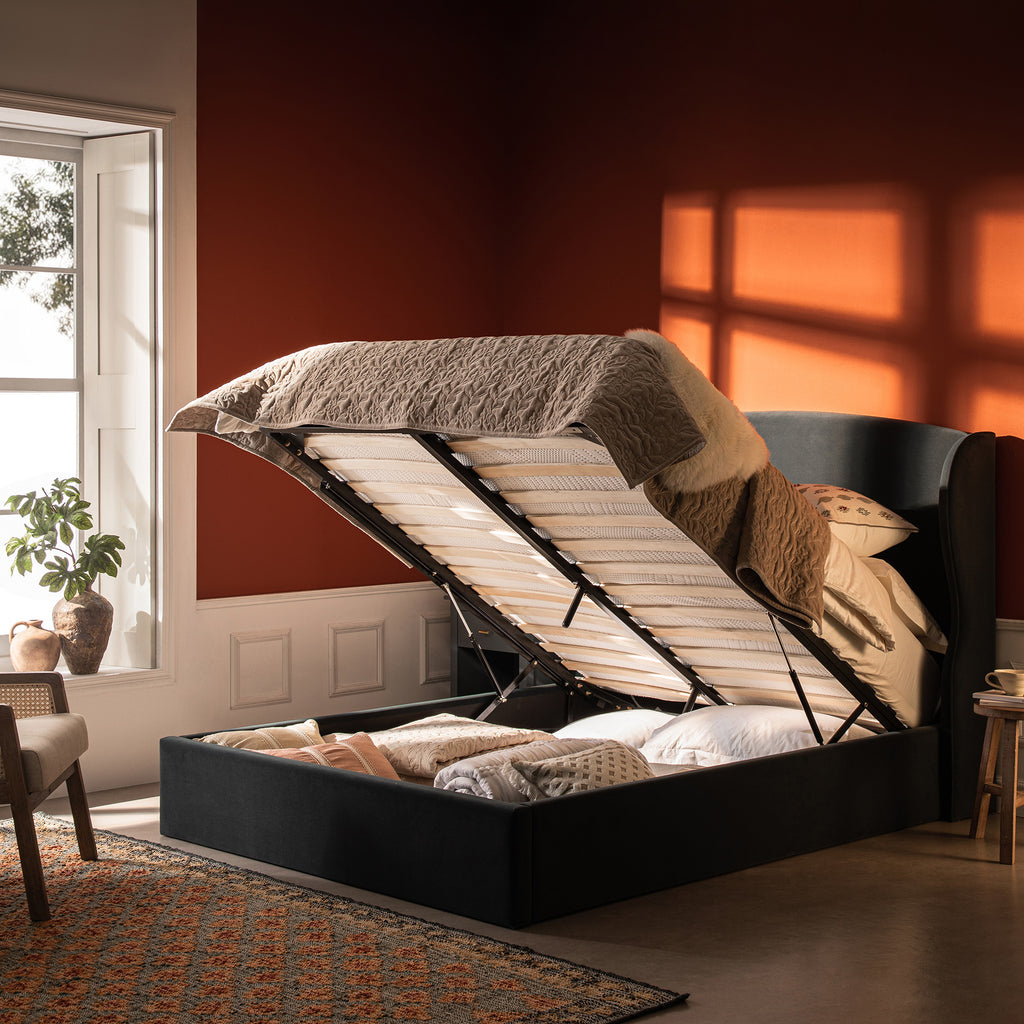 Kimberly Winged Upholstered Storage Bed, Aegean Blue Velvet