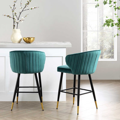 Langham Set of 2 Teal Velvet Upholstered Carver Counter Stools