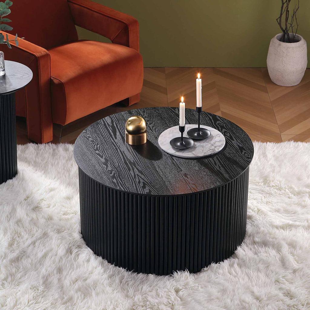 Maru Oak Round Coffee Table with Storage, Black | daals.com