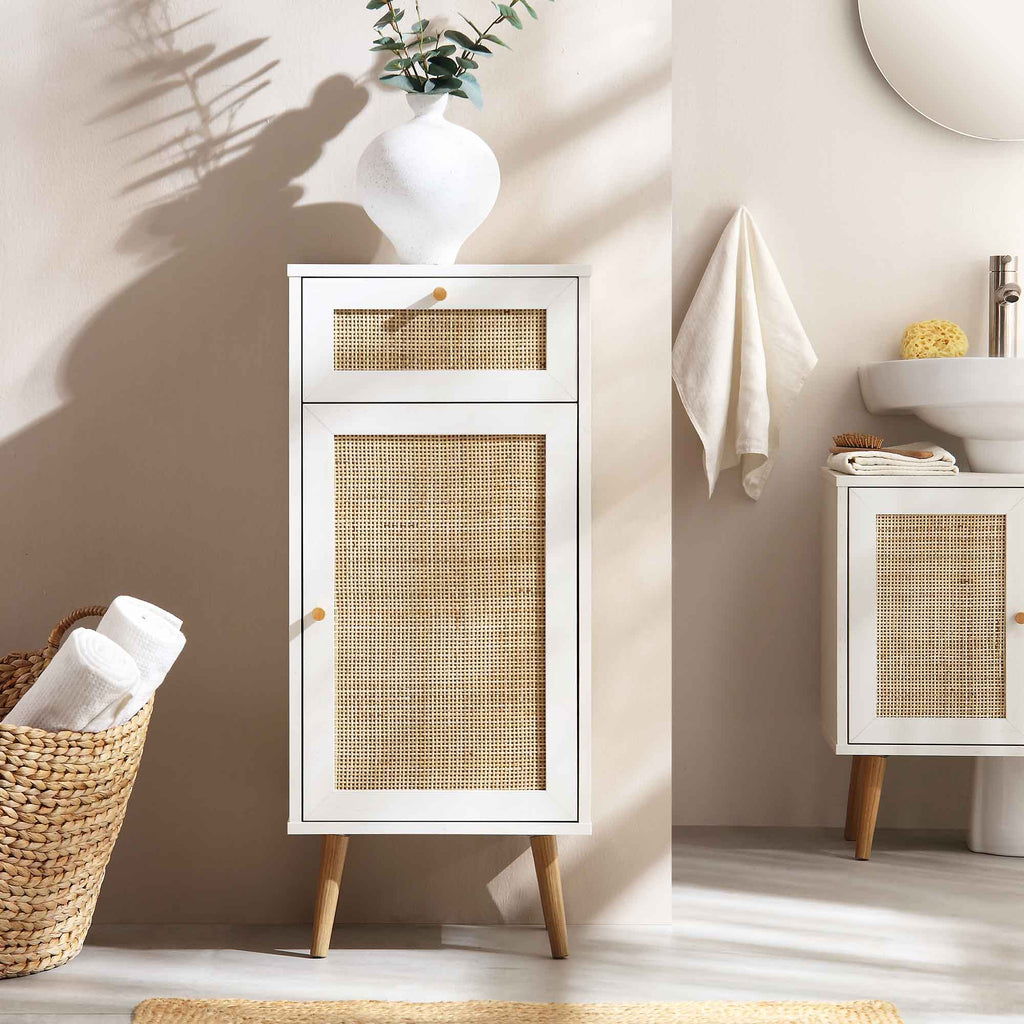 Frances Woven Rattan 1-Door Bathroom Cabinet, White | daals.com