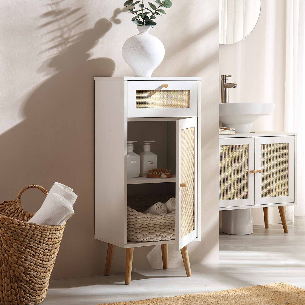 Frances Woven Rattan 1-Door Bathroom Cabinet, White | daals.com