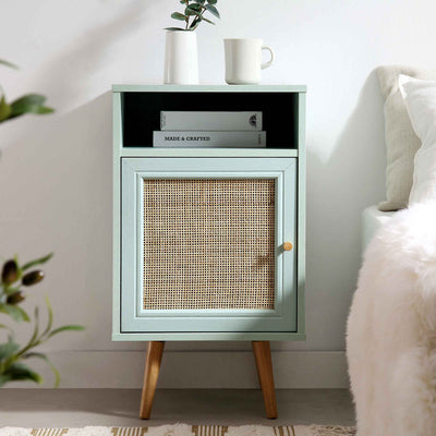Frances Woven Rattan 1-Door Nightstand in Mint