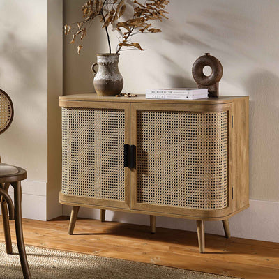 Izzy Curved Rattan 2-Door Small Sideboard, Natural