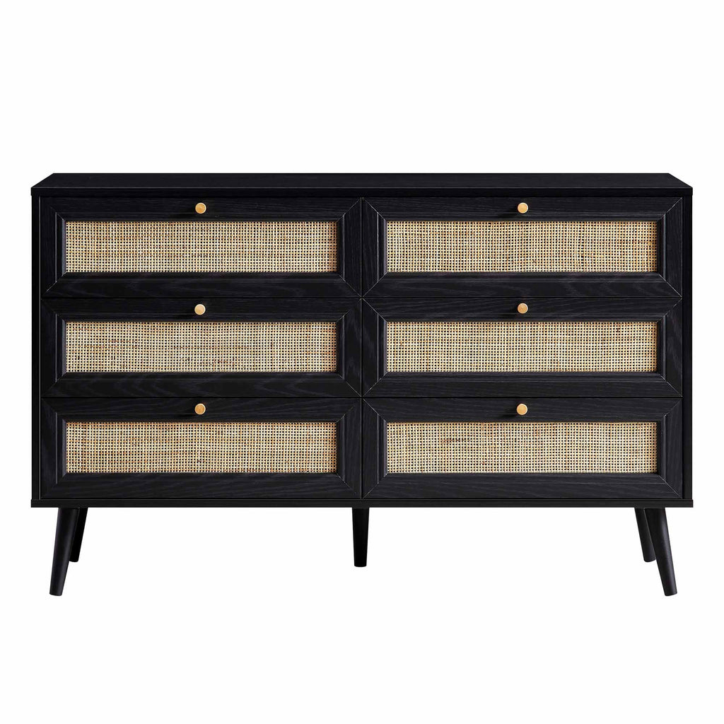 Frances Woven Rattan 6 Drawer Dresser, Black