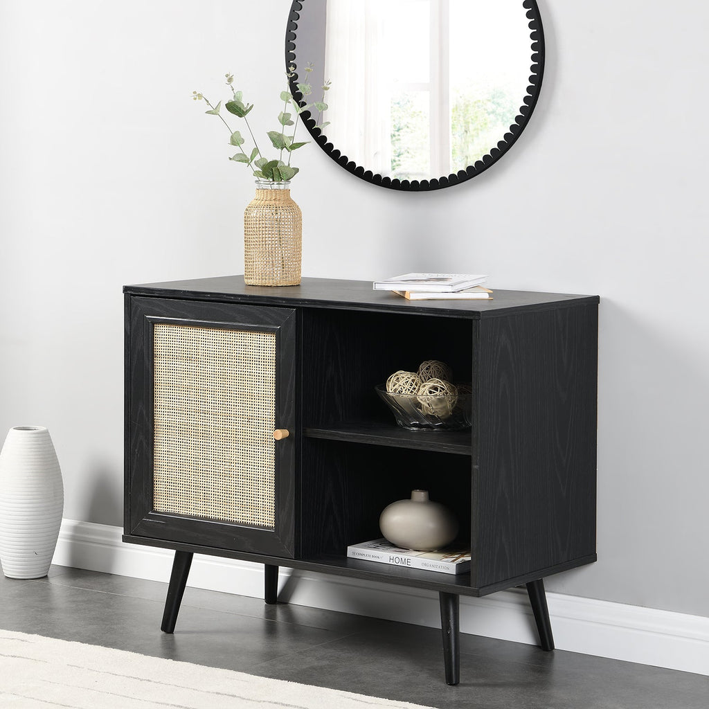 Frances Woven Rattan 1-Door Cabinet in Black | daals.com