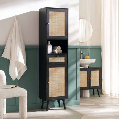 Frances Woven Rattan Tallboy Bathroom Unit, Black