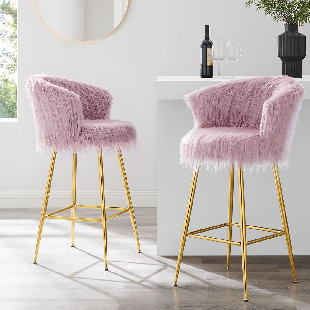 Kylie Set of Pink Plush Shaggy Faux Fur Bar Stools