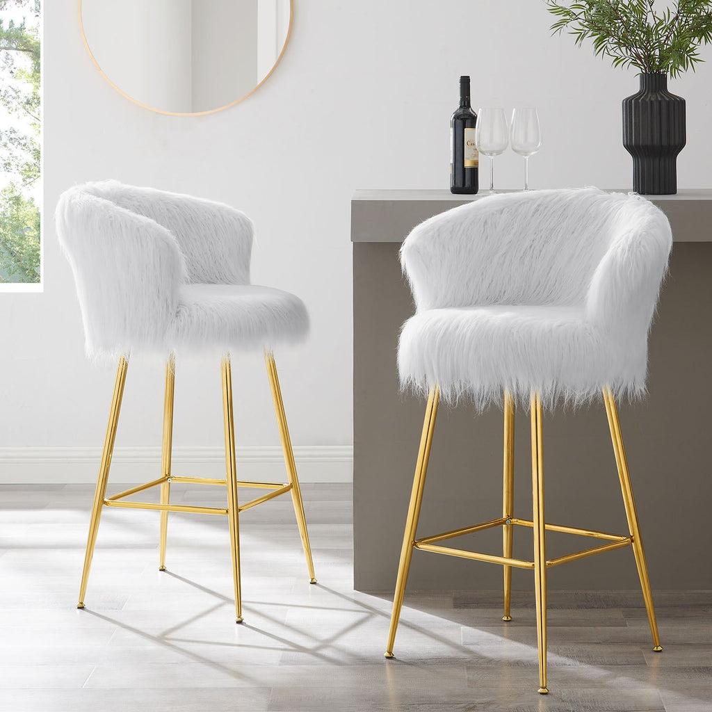 Kylie Set of White Plush Shaggy Faux Fur Bar Stools