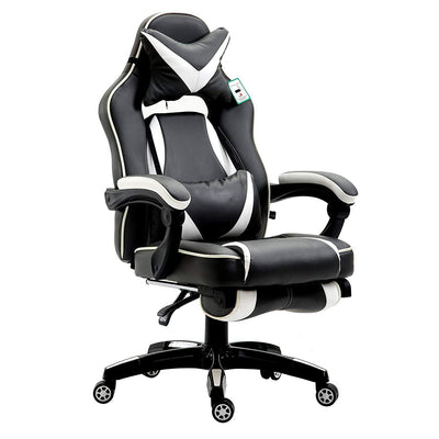 High Back Recliner Gaming Swivel Chair with Footrest & Adjustable Lumbar & Head Cushion, MR49 Black & White