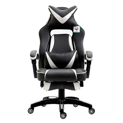 High Back Recliner Gaming Swivel Chair with Footrest & Adjustable Lumbar & Head Cushion, MR49 Black & White