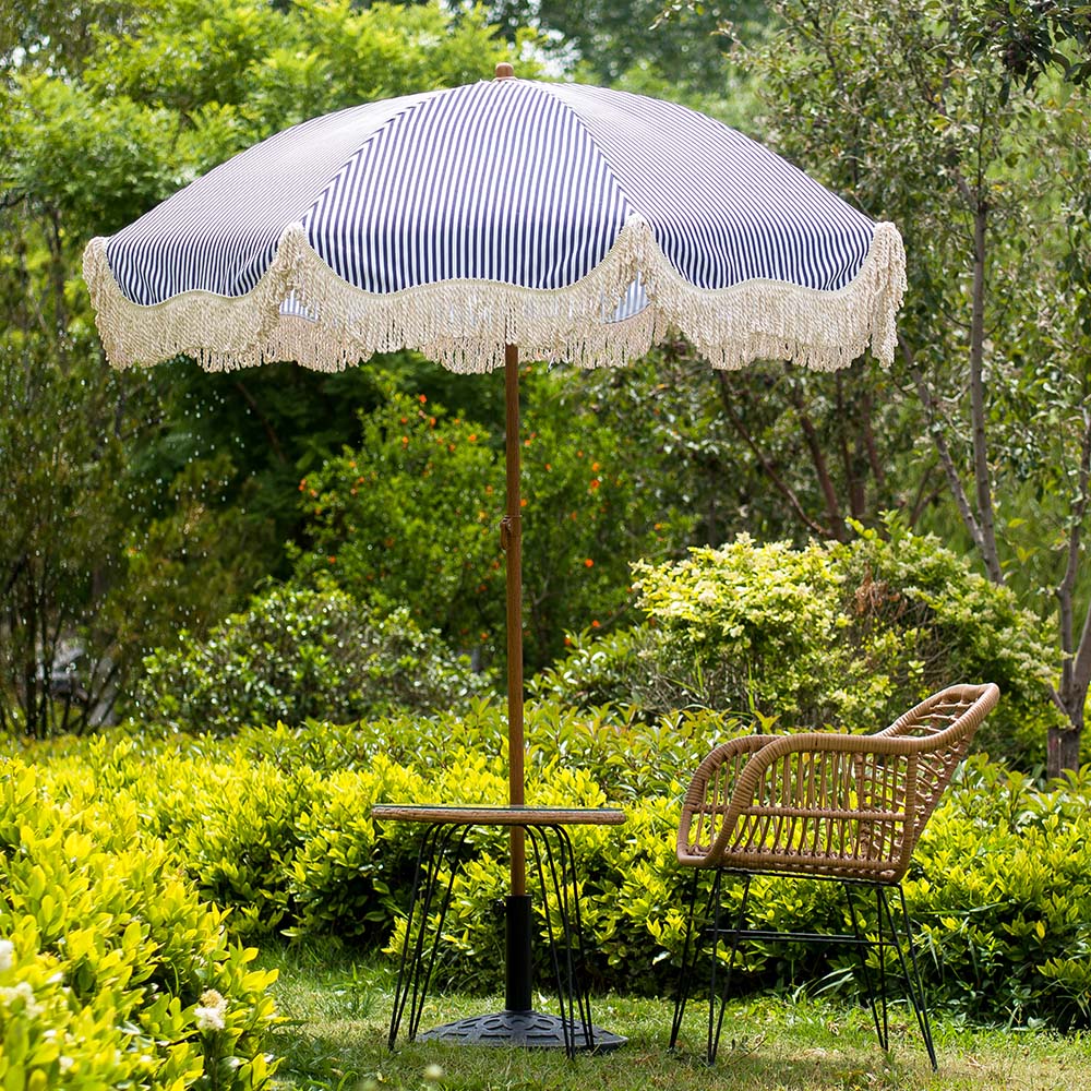 blue and green patio umbrella Gabriel Blue and White Striped Fringed Parasol with Tilt - daals