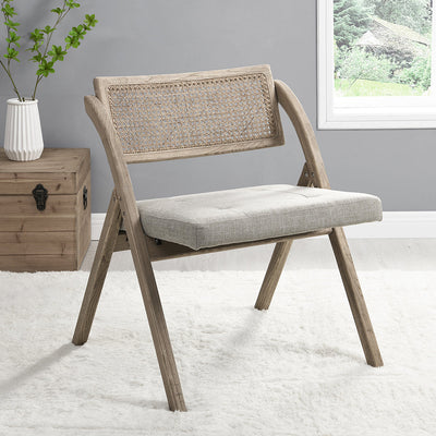 Bordon Natural Cane Rattan Folding Chair with Gray Upholstered Seat