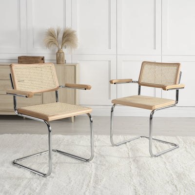 Rayna Pair of 2 Solid Beech Dining Chairs with Armrests, Natural Cane & Chrome (Natural)