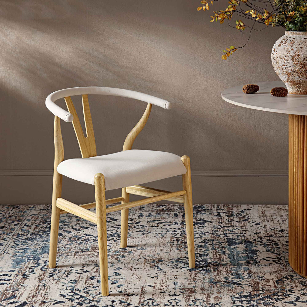 Hansel Wishbone Padded Dining Chair, Beige Fabric and Natural