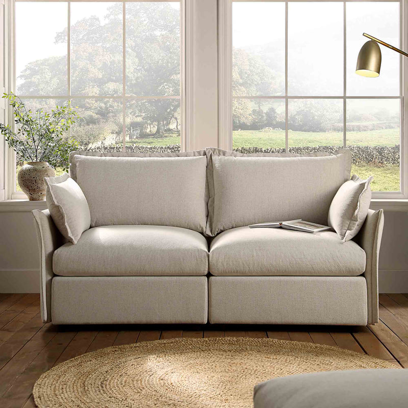 Byron Pillow Edge Beige Fabric Sectional Sofa, 2-Seater