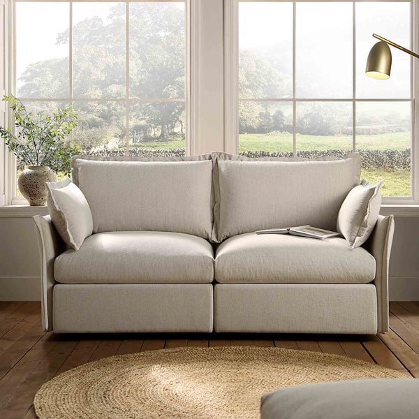 Byron Pillow Edge Beige Fabric Sectional Sofa, 2-Seater