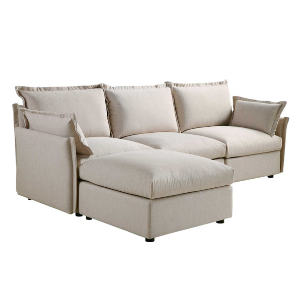 Byron Pillow Edge Beige Fabric Sectional Sofa, 3-Seater Chaise