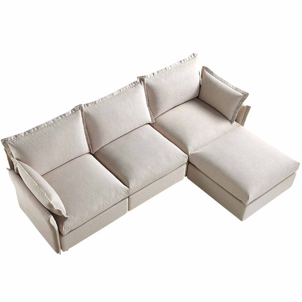 Byron Pillow Edge Beige Fabric Sectional Sofa, 3-Seater Chaise
