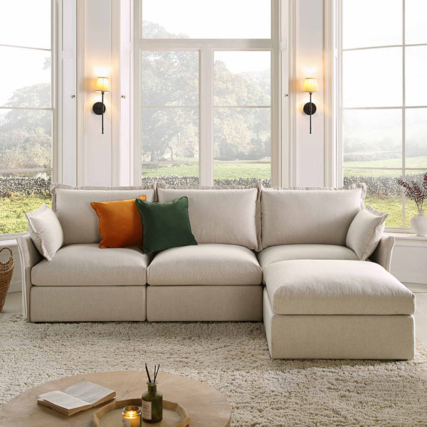 Byron Pillow Edge Beige Fabric Sectional Sofa, 3-Seater Chaise