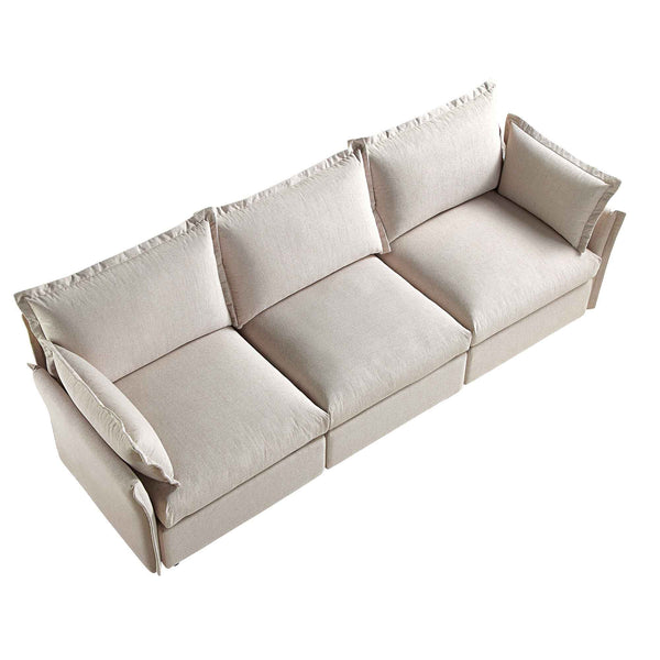 Byron Pillow Edge Beige Fabric Sectional Sofa, 3-Seater