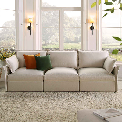 Byron Pillow Edge Beige Fabric Sectional Sofa, 3-Seater