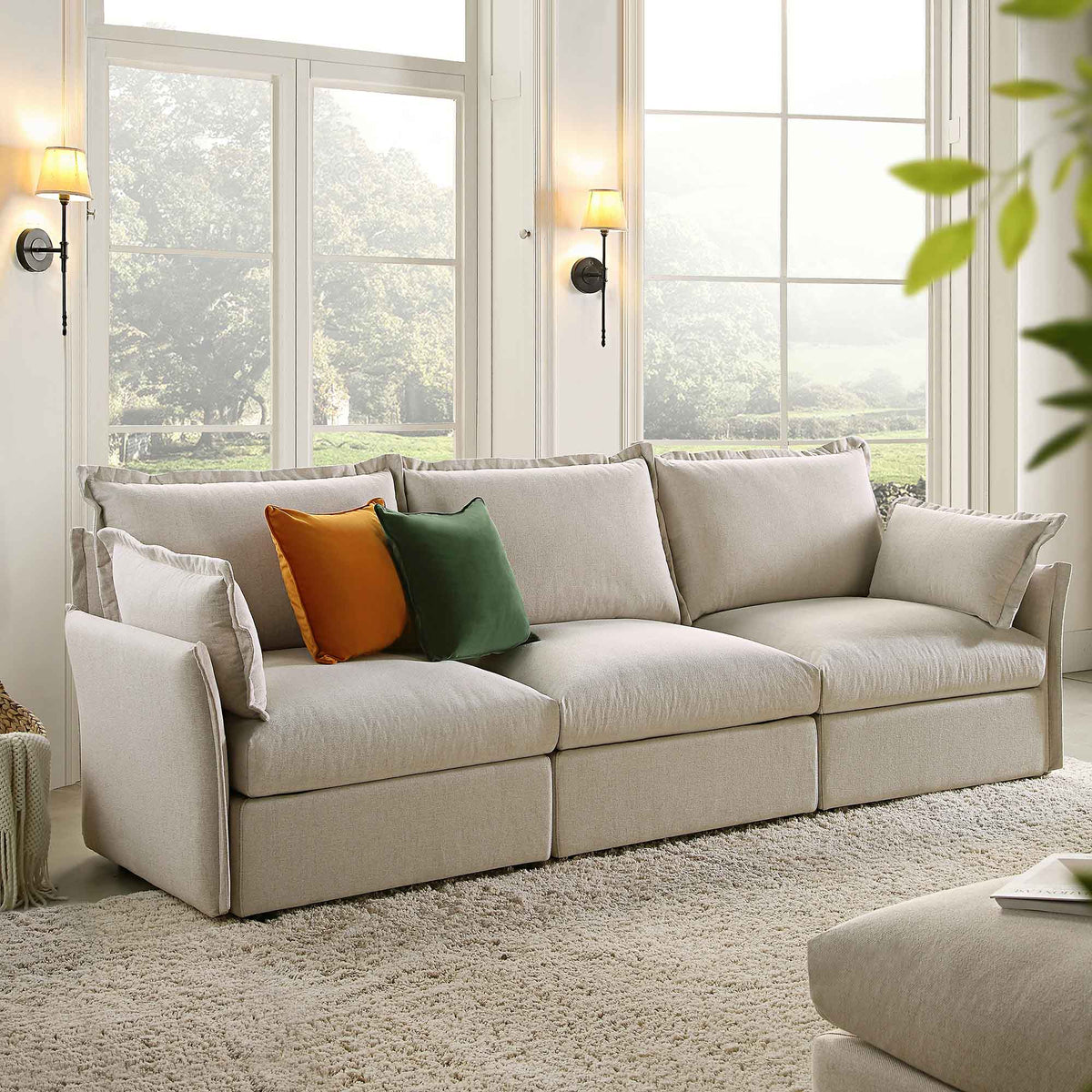 Byron Pillow Edge Beige Fabric Sectional Sofa, 3-Seater