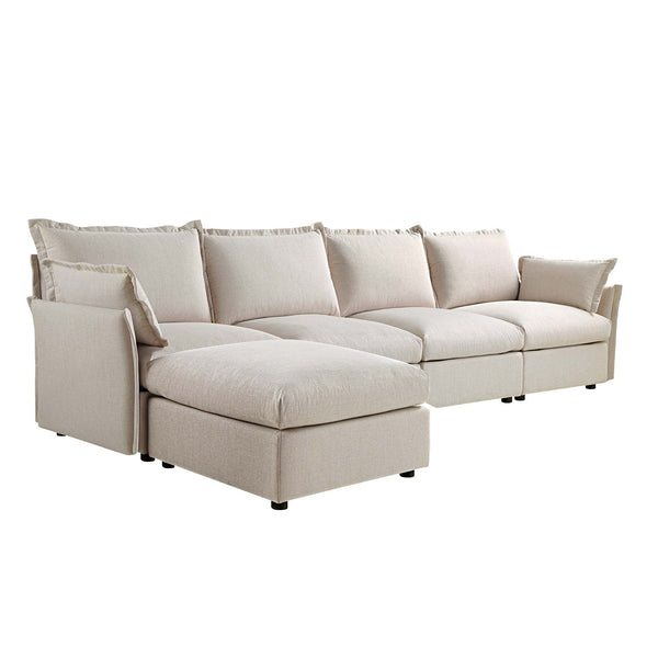 Byron Pillow Edge Beige Fabric Sectional Sofa, 4-Seater Chaise
