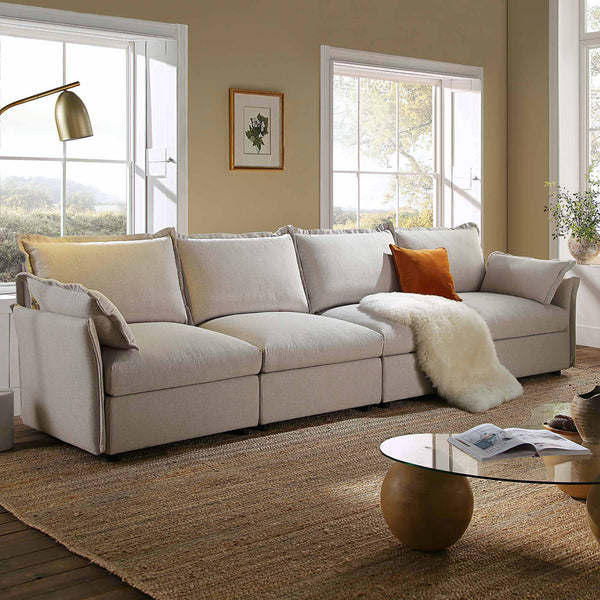 Byron Pillow Edge Beige Fabric Sectional Sofa, 4-Seater