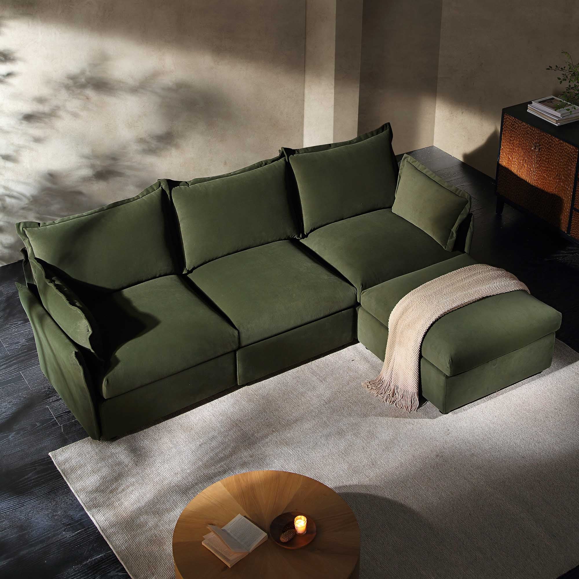 Byron Pillow Edge Moss Green Velvet Sectional Sofa, 3-Seater