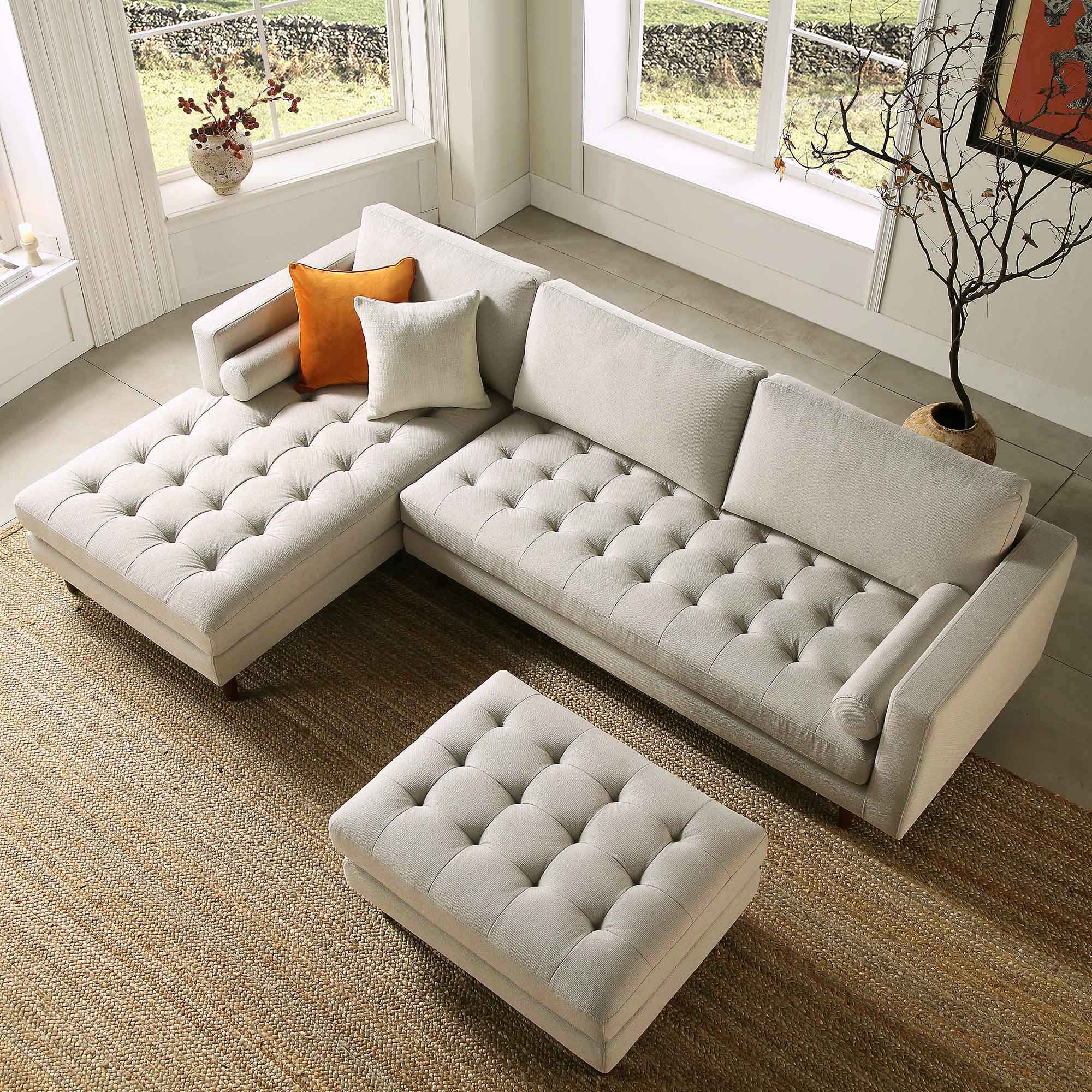 Henrietta Beige Woven Fabric Grand 4-Seater Chaise End Sofa, Left