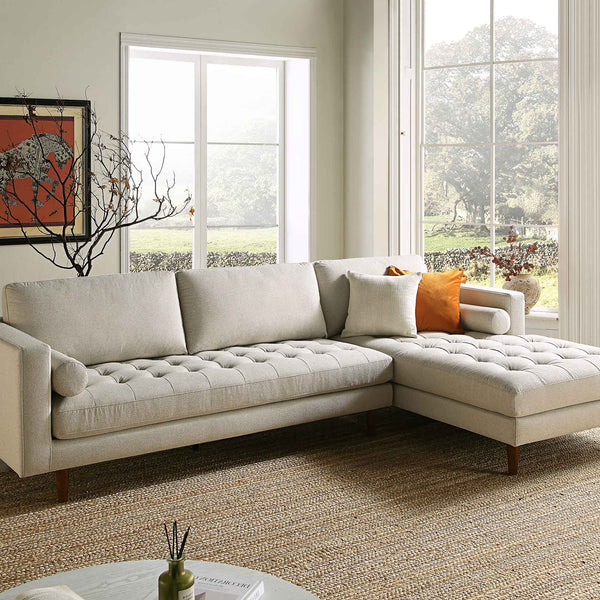 Henrietta Beige Woven Fabric Grand 4-Seater Chaise End Sofa, Right
