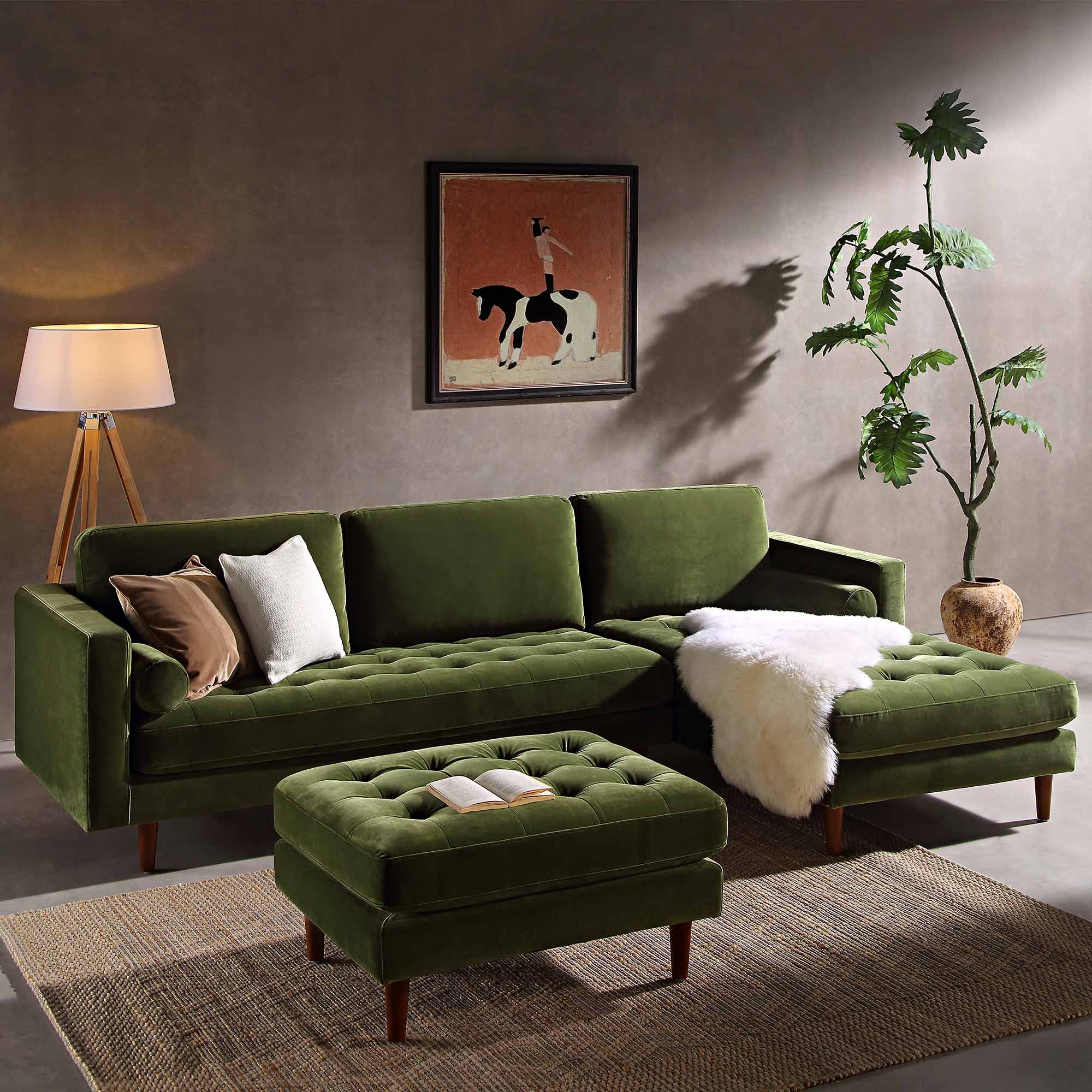 Henrietta Moss Green Velvet Grand 4-Seater Chaise End Sofa, Right
